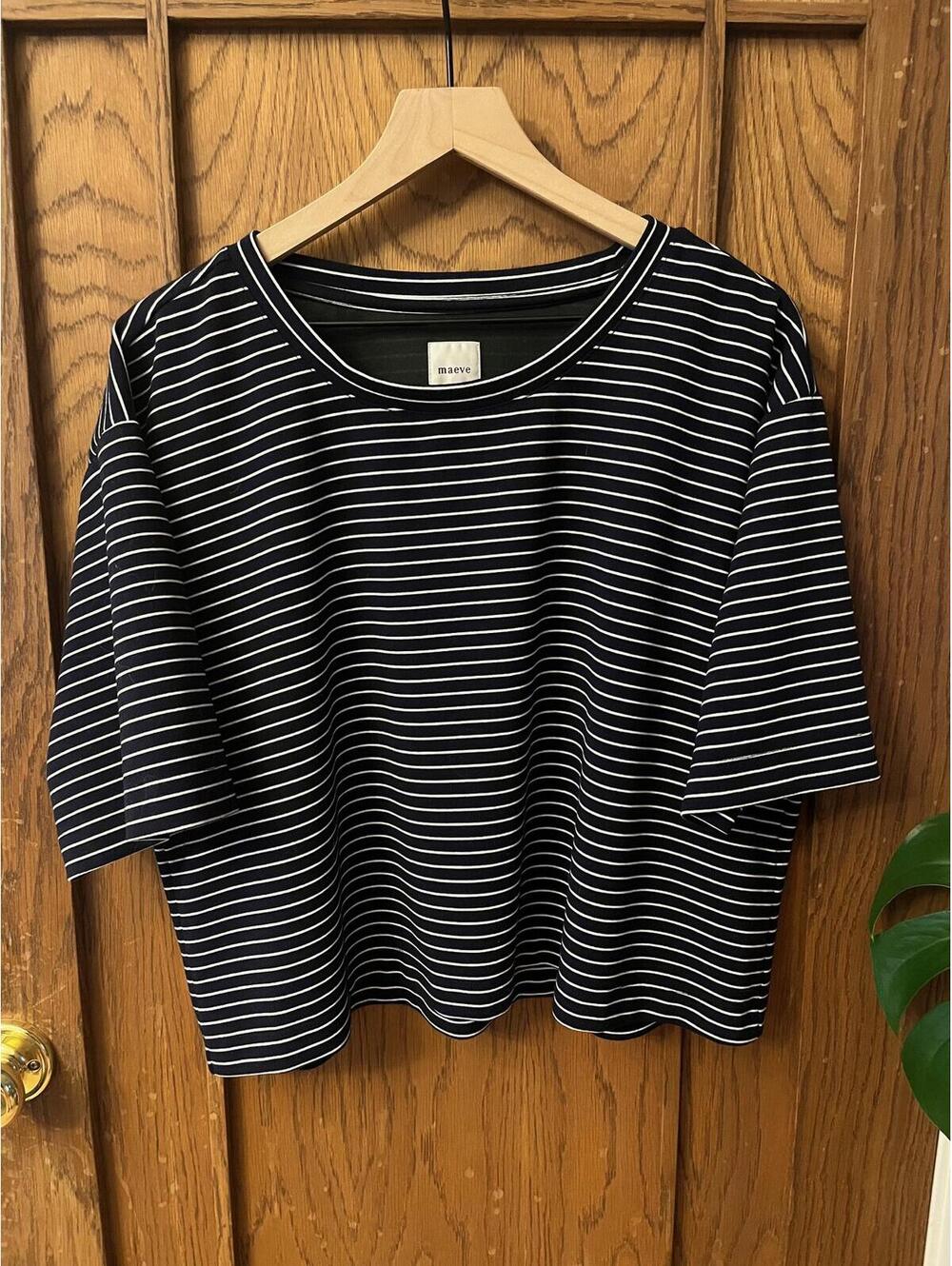 Aritzia Maeve Classic Boxy Black and White Stripe Crop L Large Oversized T Shirt